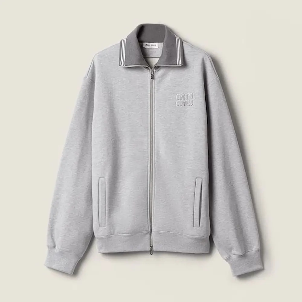 Front view of Miu Miu Women Zippered Cotton Fleece Jacket in silver