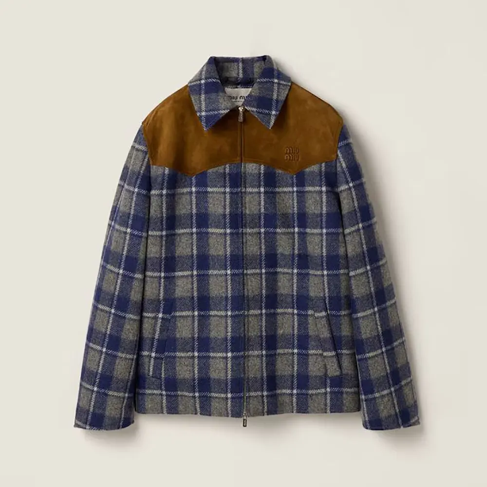 Front view of Miu Miu Women Checked Blouson Jacket in navy check