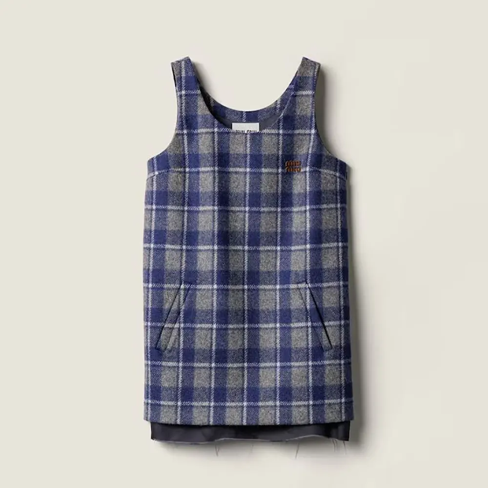 Front view of Miu Miu Women Checked Mini-Dress in navy check