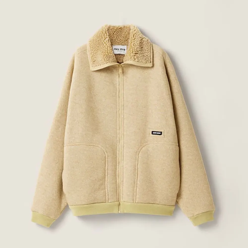 Front view of Miu Miu Women Cotton Fleece Zipper Blouson Jacket beige