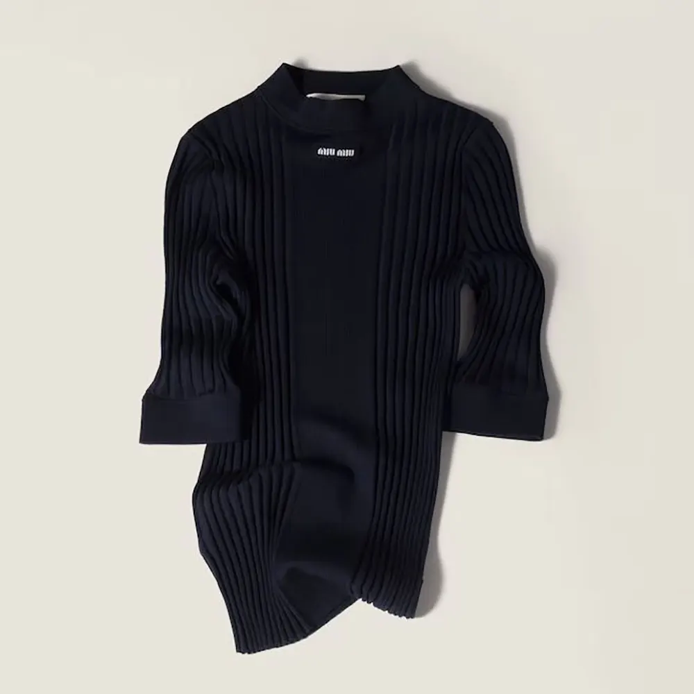 Front view of Miu Miu Women Ribbed Knit Wool Sweater in black