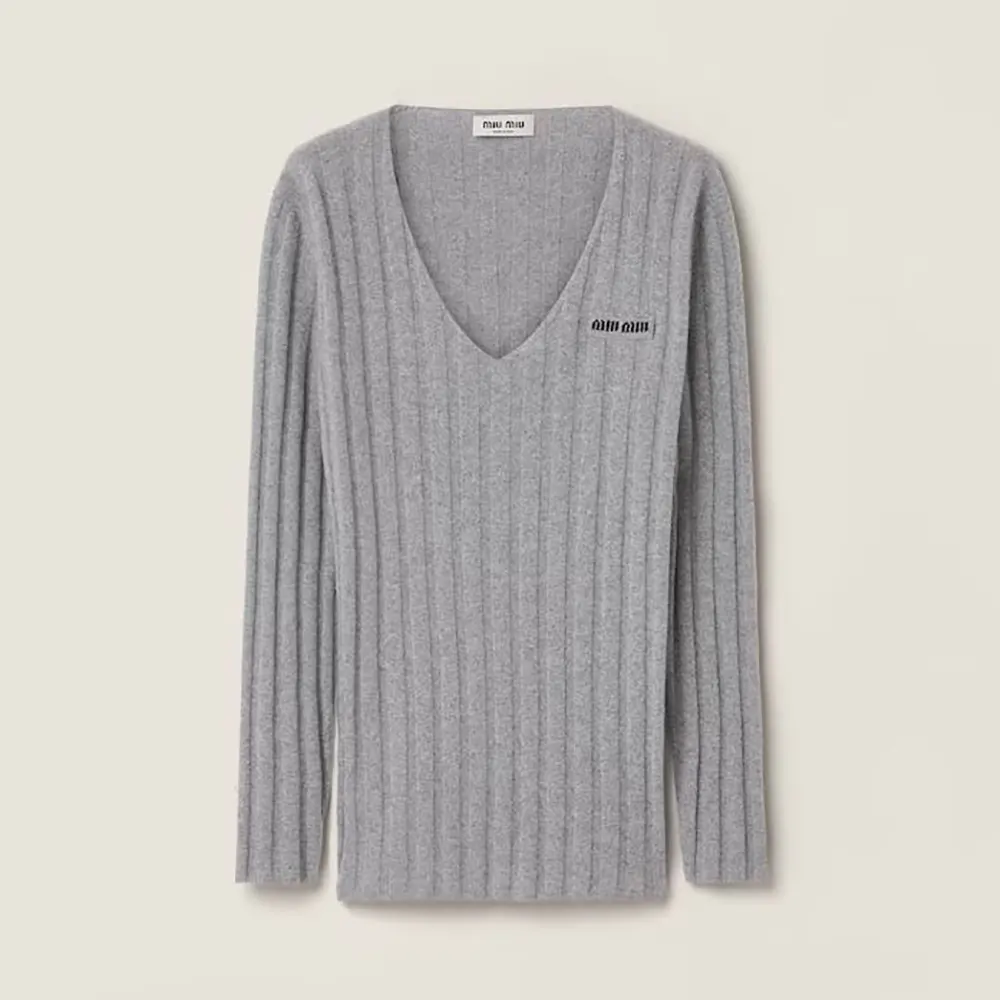 Front view of Miu Miu Women Wool And Cashmere V-Neck Sweater in gray