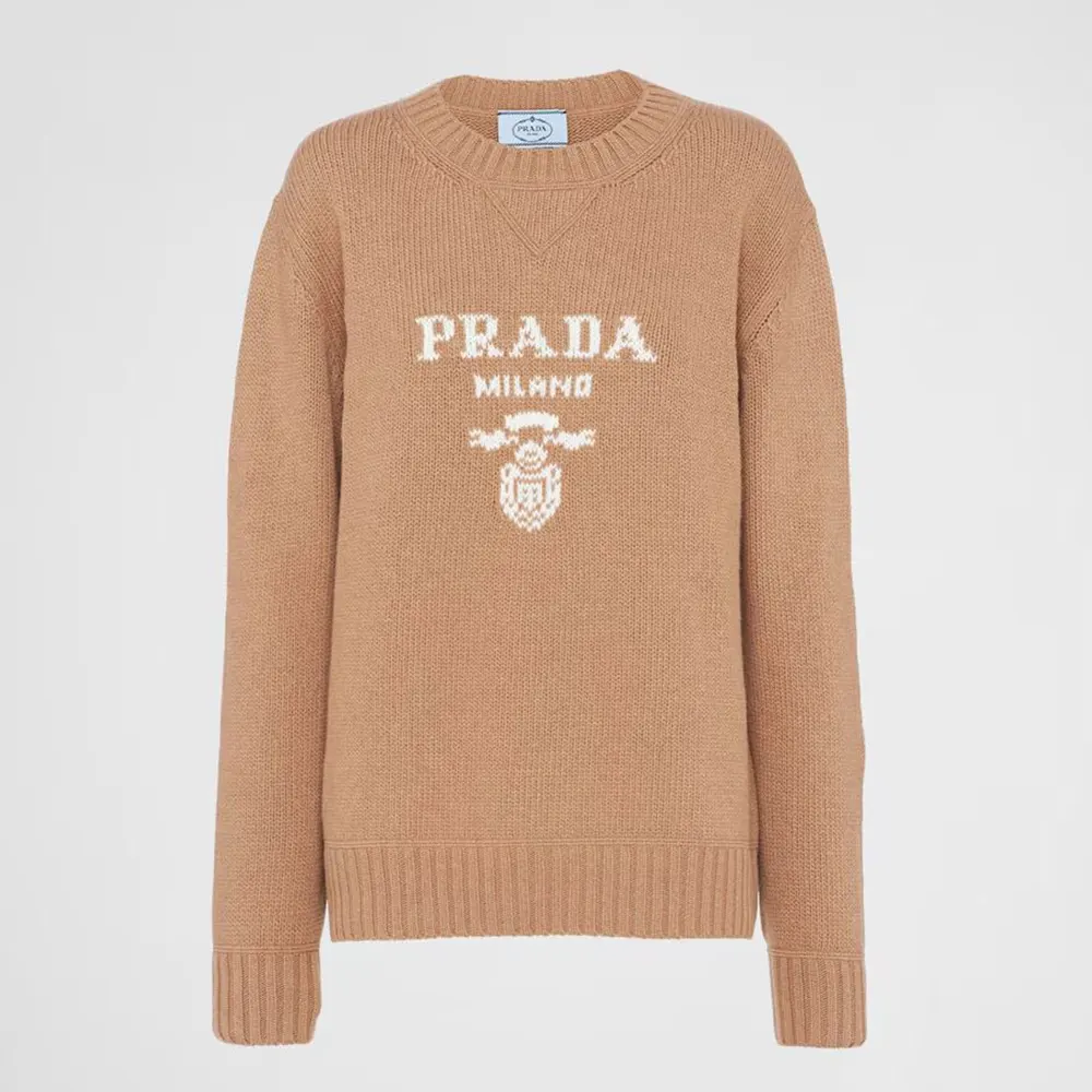Front view of Prada Women Cashmere And Wool Prada Logo Crew-Neck Sweater-Camel Brown