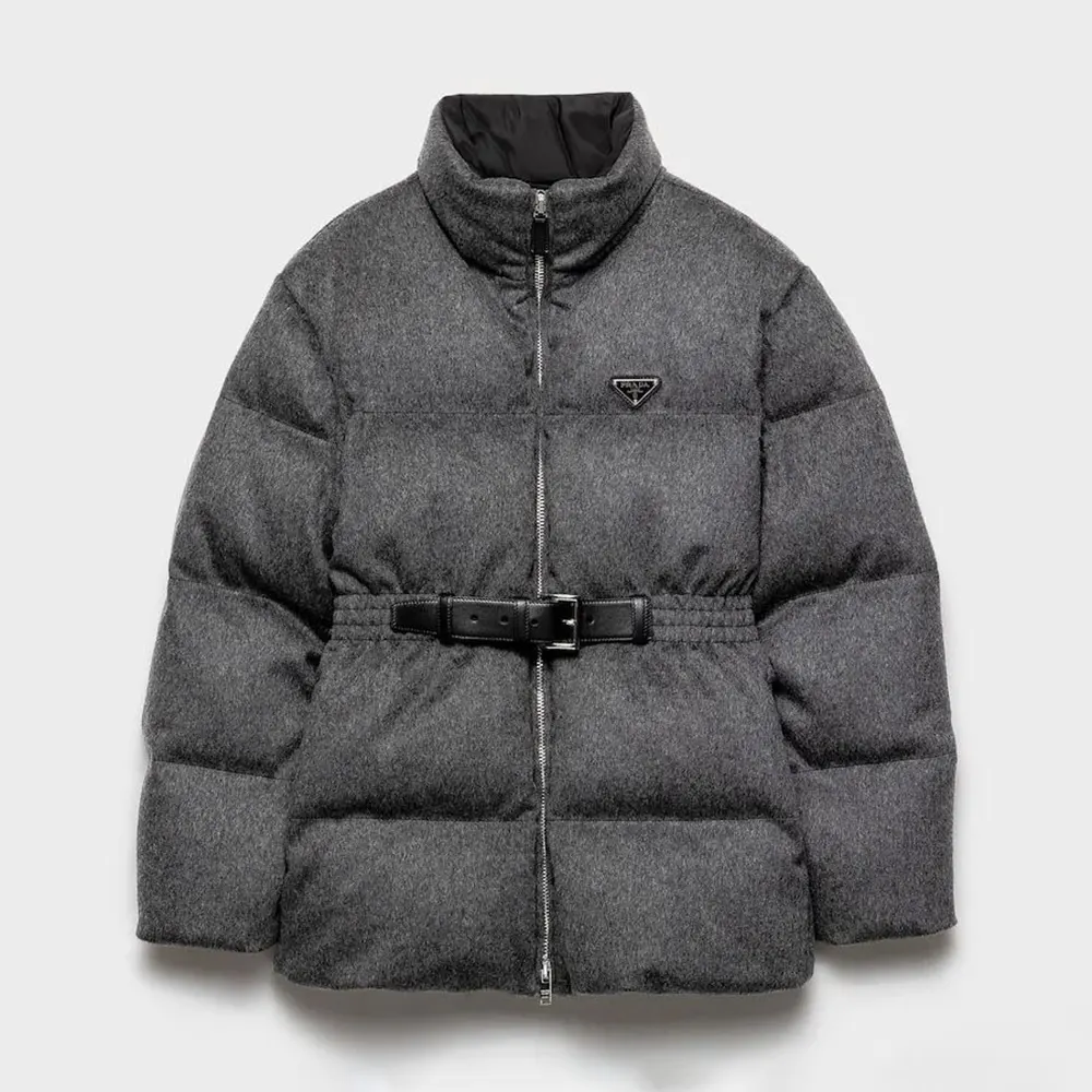 Front view of Prada Women Loden Down Jacket-Grey zipped up