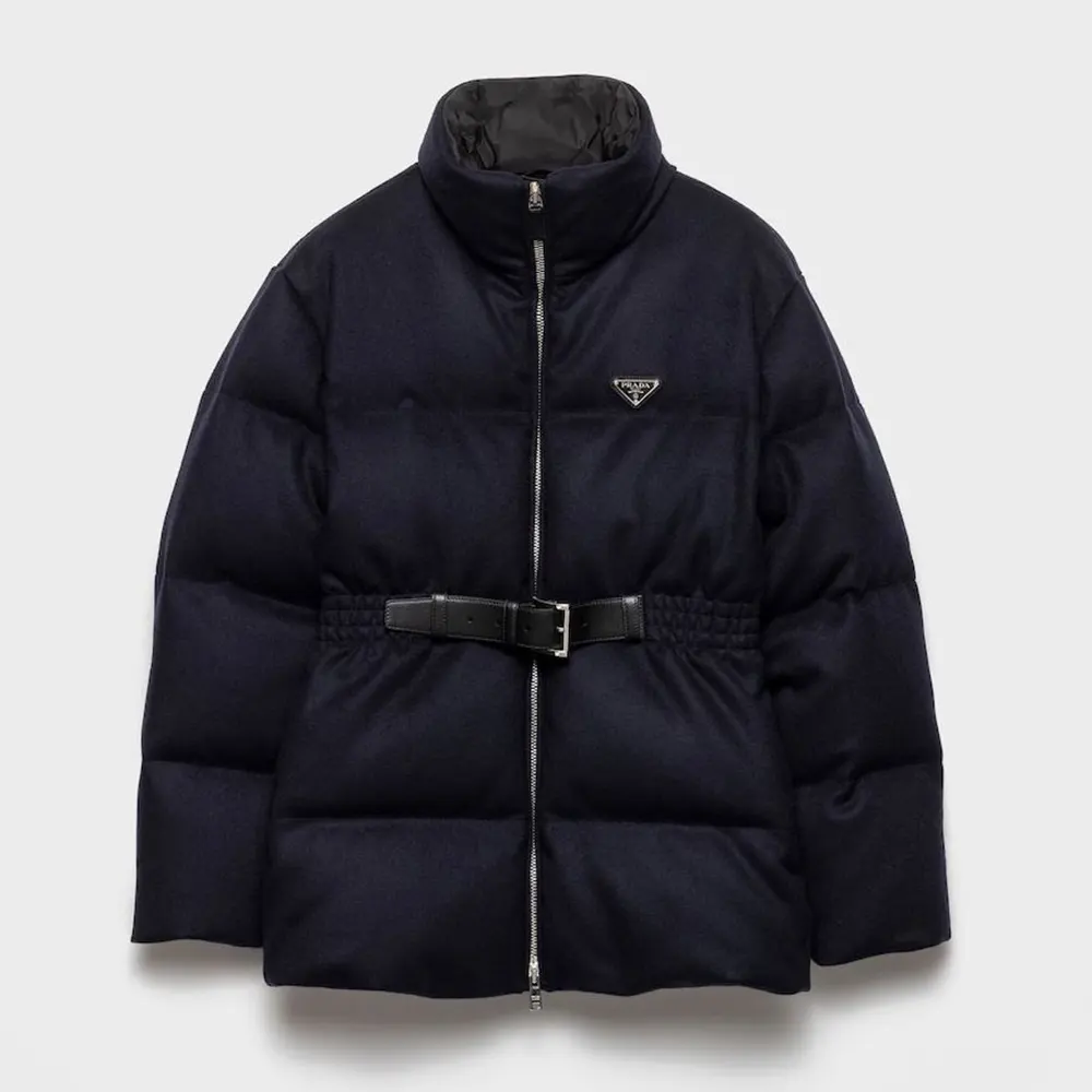Front view of Prada Men Loden Down Jacket-Navy on model