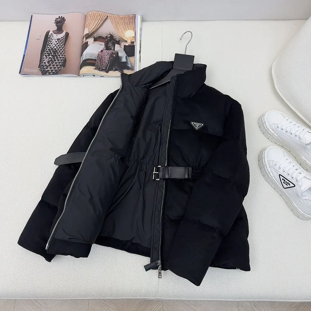 Side profile showing slim fit of Prada Men Loden Down Jacket-Navy