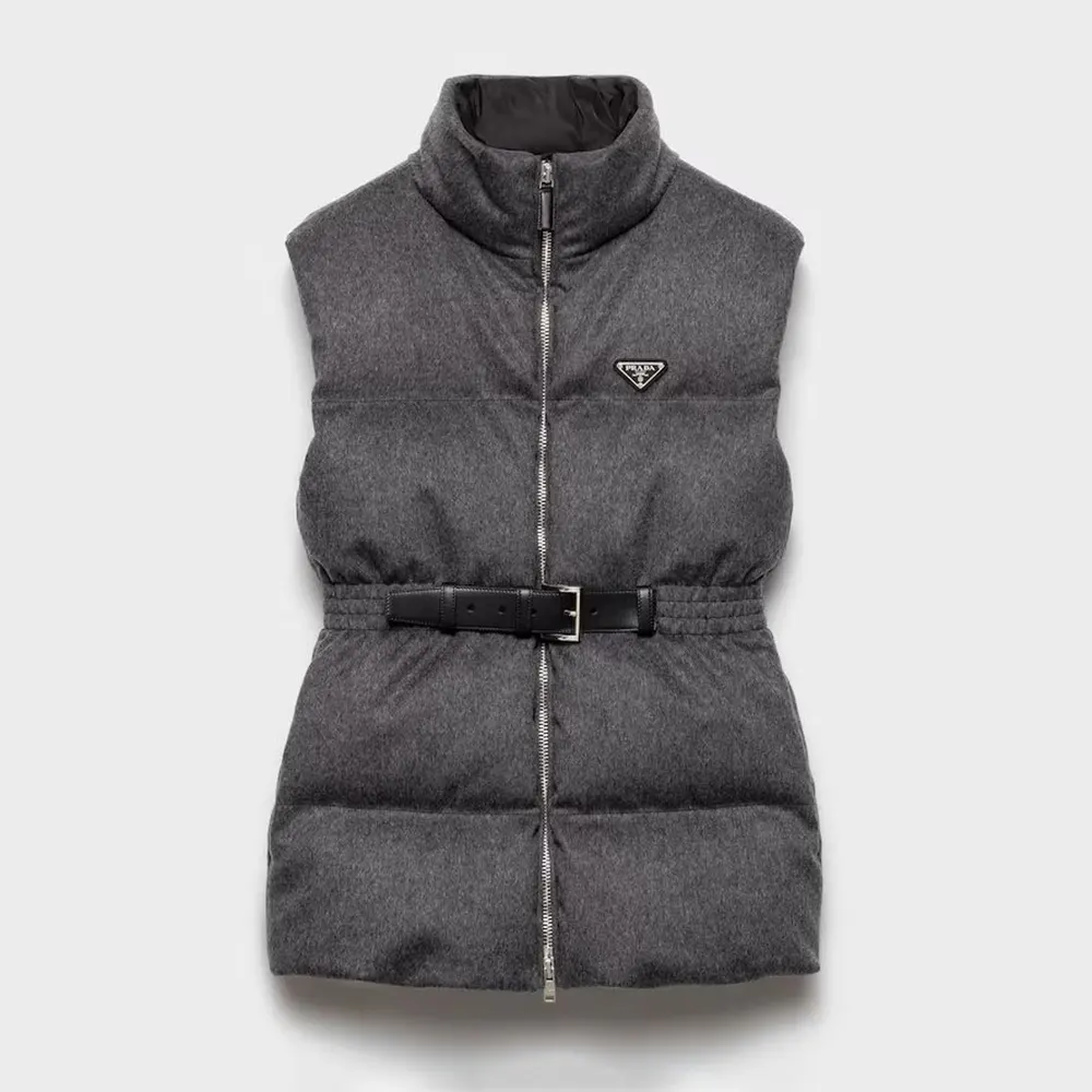 Front view of Prada Women Loden Down Vest-Grey showing zip closure