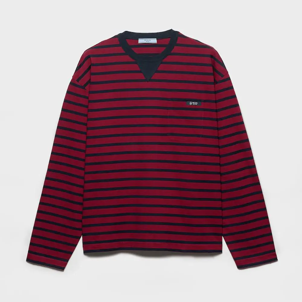 Front view of Prada Women Long-Sleeved Striped Jersey T-Shirt in red