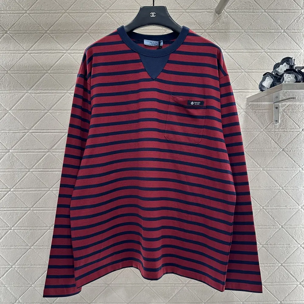 Close-up of red and white stripes on Prada Women Long-Sleeved Striped Jersey T-Shirt