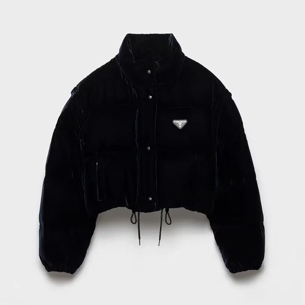 Front view of Prada Women Velvet Down Jacket-Black showing zipper detail