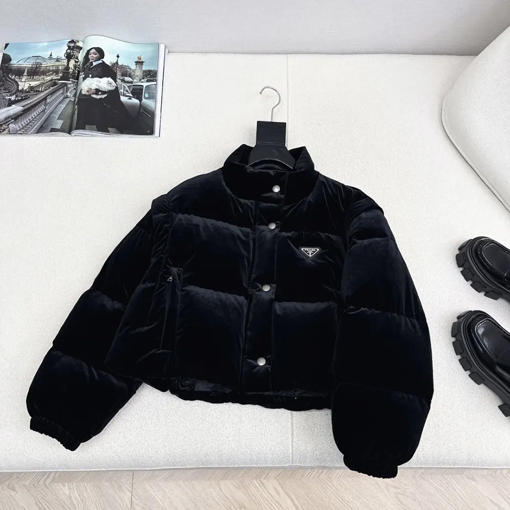 Close-up of velvet texture and branded hardware on Prada Women Velvet Down Jacket-Black