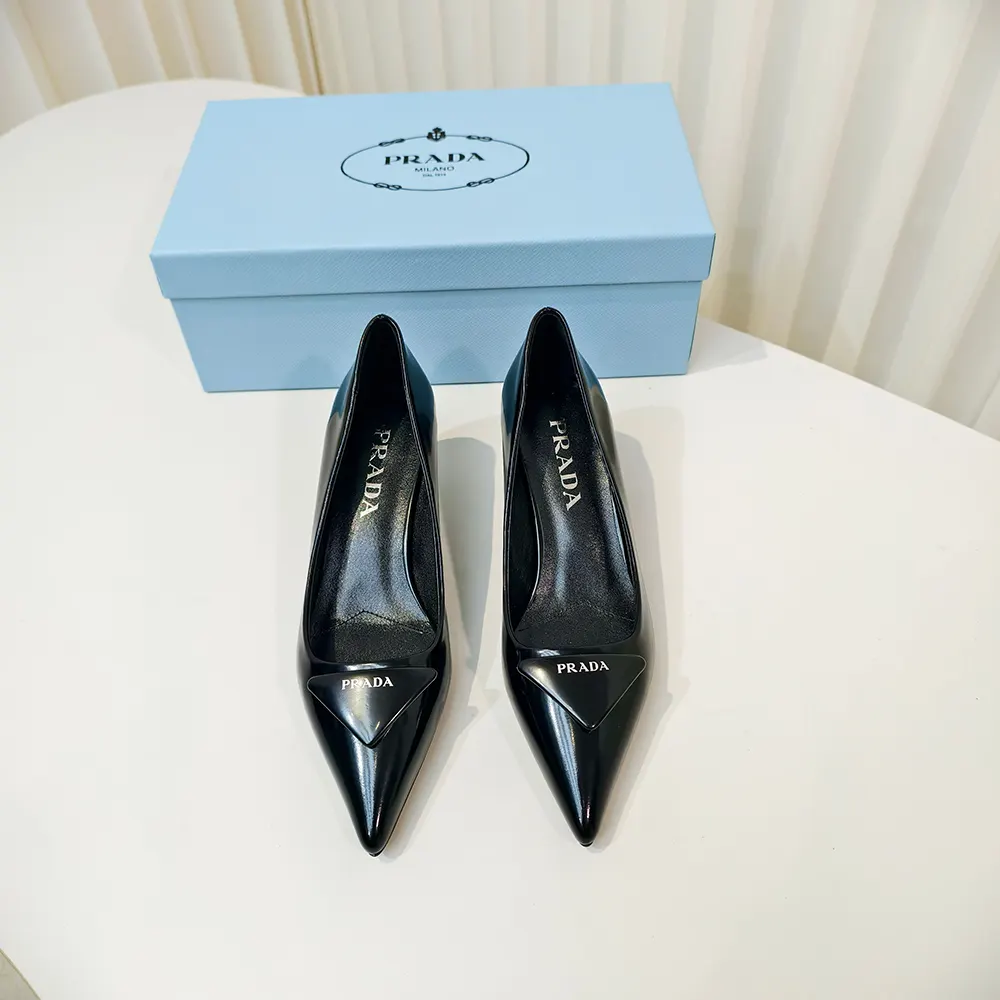 Close-up detail of brushed leather texture on Prada Women Brushed Leather Pumps-Black