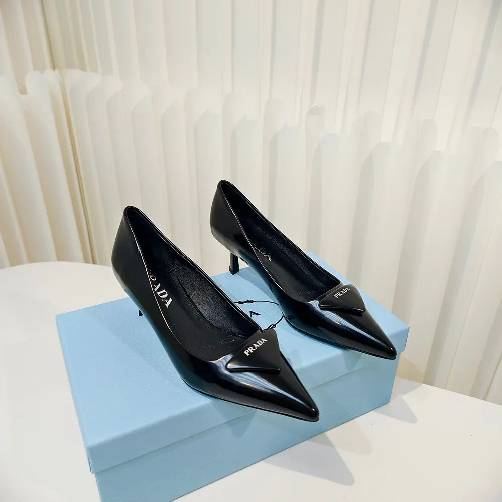 Top view of Prada Women Brushed Leather Pumps-Black showcasing pointed toe shape