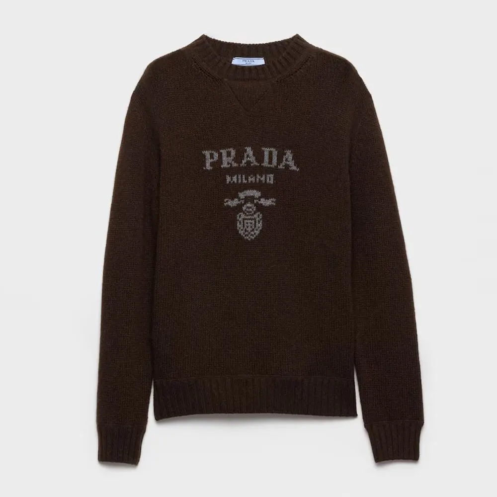 Prada Men Cashmere And Wool Prada Logo Crew-Neck Sweater-Dark Brown