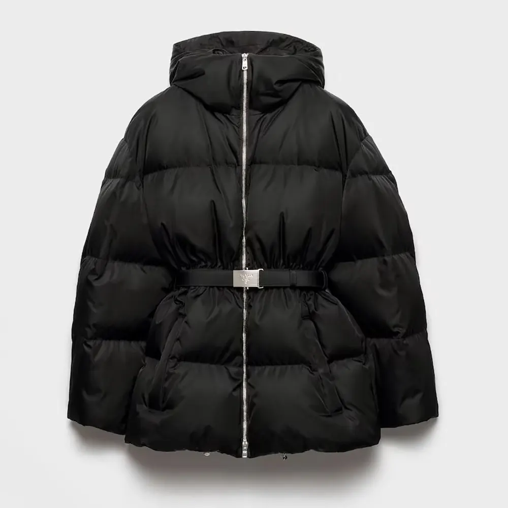 Front view of Prada Men Re-Nylon Hooded Down Jacket in black