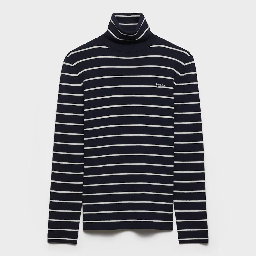 Front view of Prada Men Striped Wool Turtleneck Sweater-Black