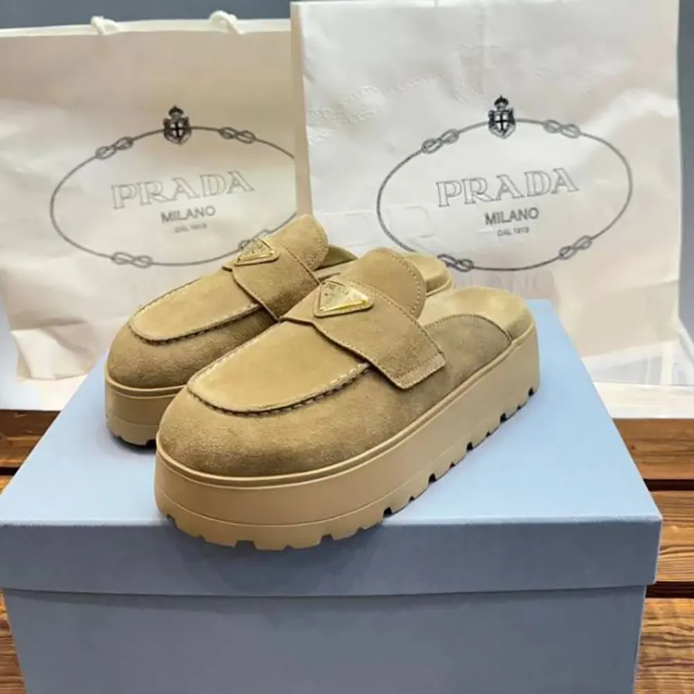 Top angle showing natural suede texture on Prada Women Suede Flatform Mules
