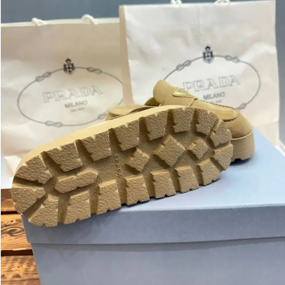 Prada Women Suede Flatform Mules with Enameled Metal Triangle Logo - image 7