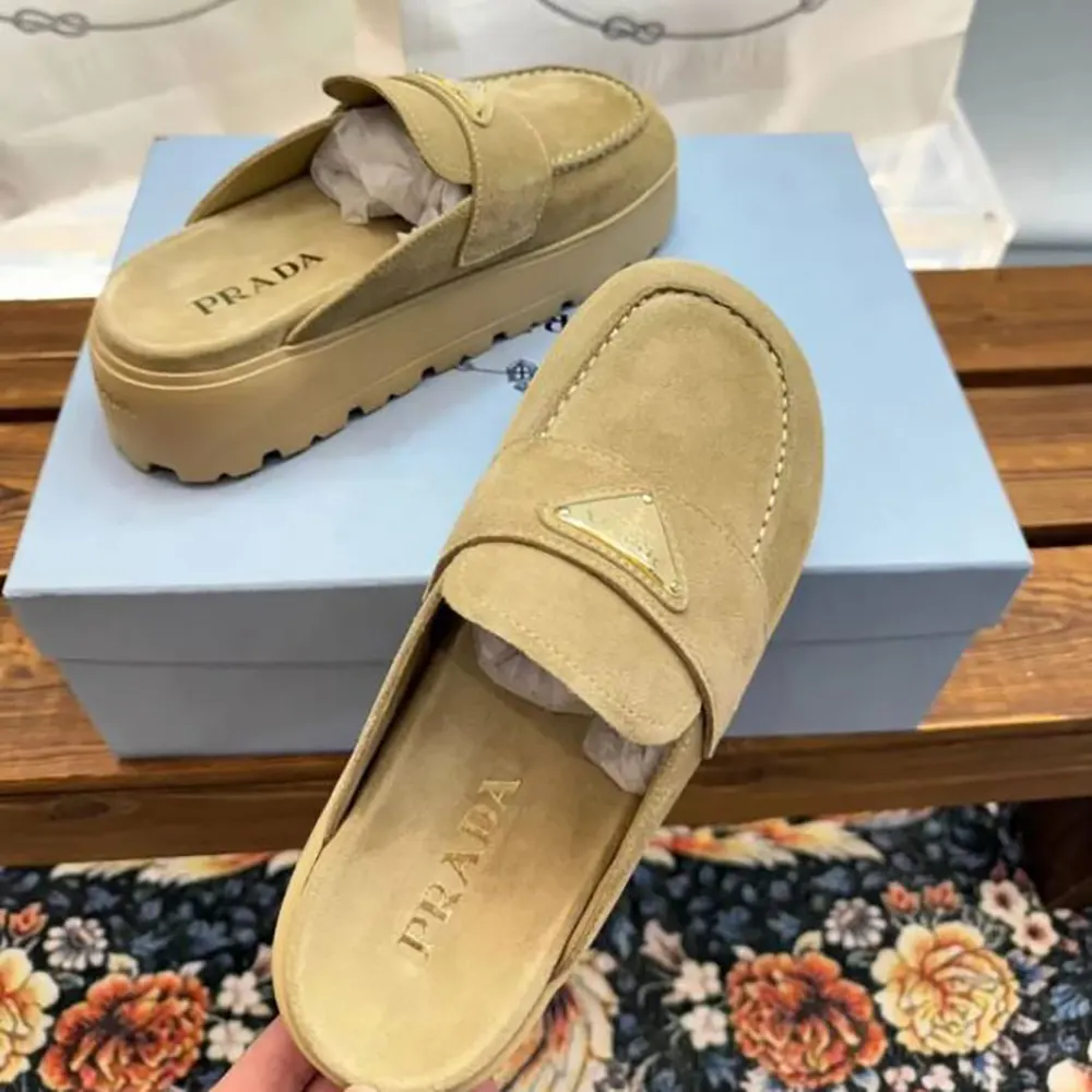 Prada Women Suede Flatform Mules with Enameled Metal Triangle Logo - image 5