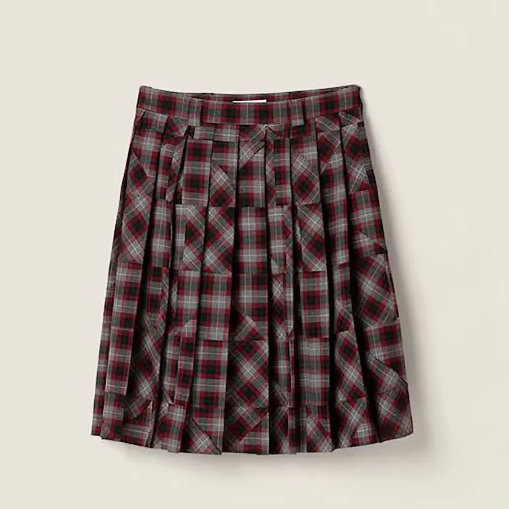 Front view of Prada Women Tartan Patchwork Midi Skirt in red wool blend