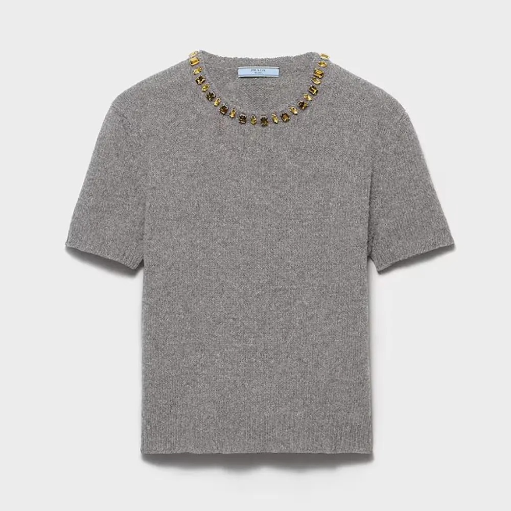 Front view of Prada Women Wool And Cashmere Crew-Neck Sweater-Grey
