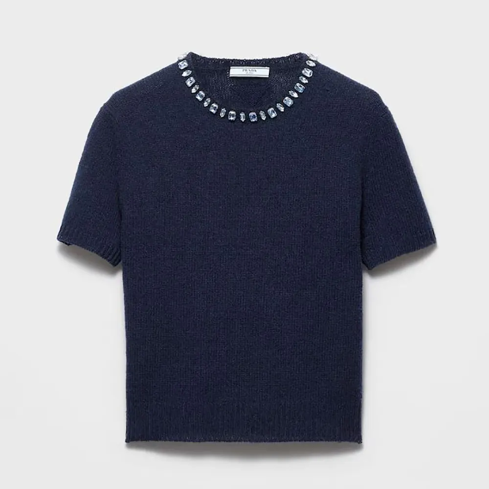 Front view of Prada Women Wool And Cashmere Crew-Neck Sweater-Navy