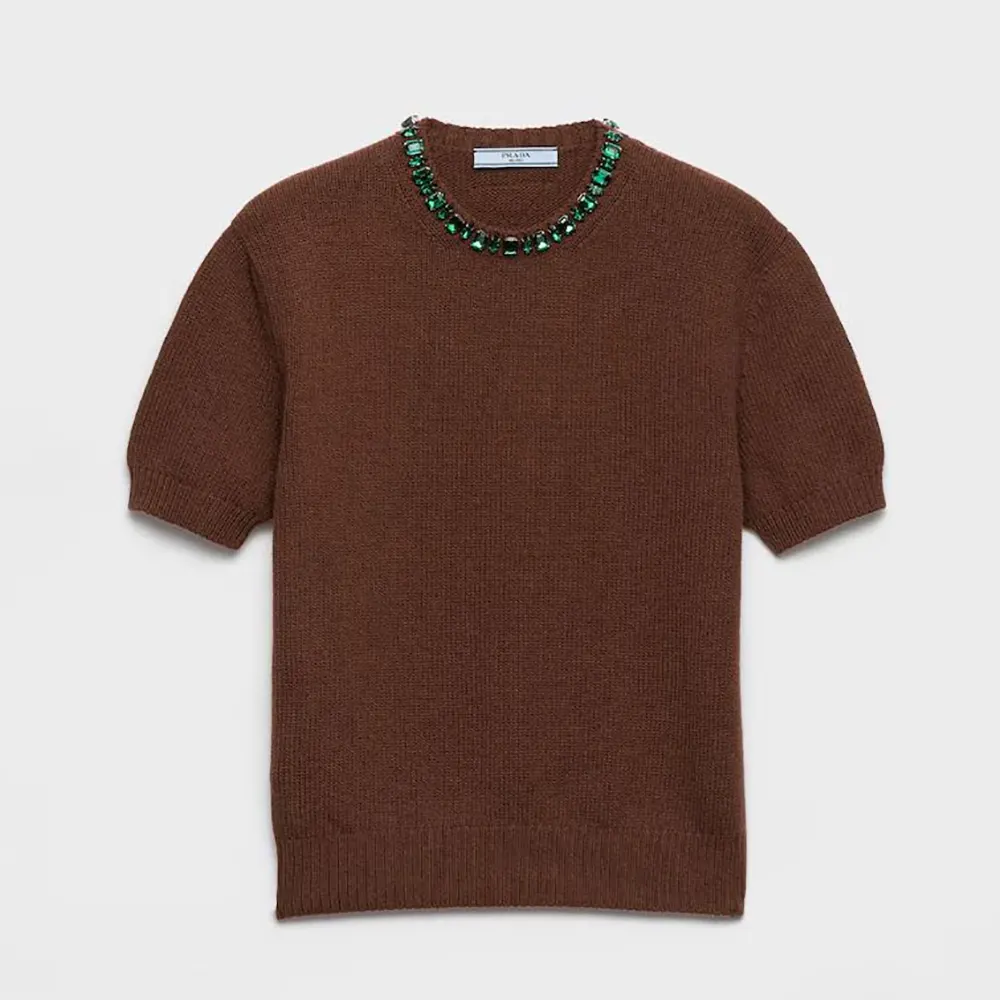Front view of Prada Women Wool And Cashmere Crew-Neck Sweater in chocolate