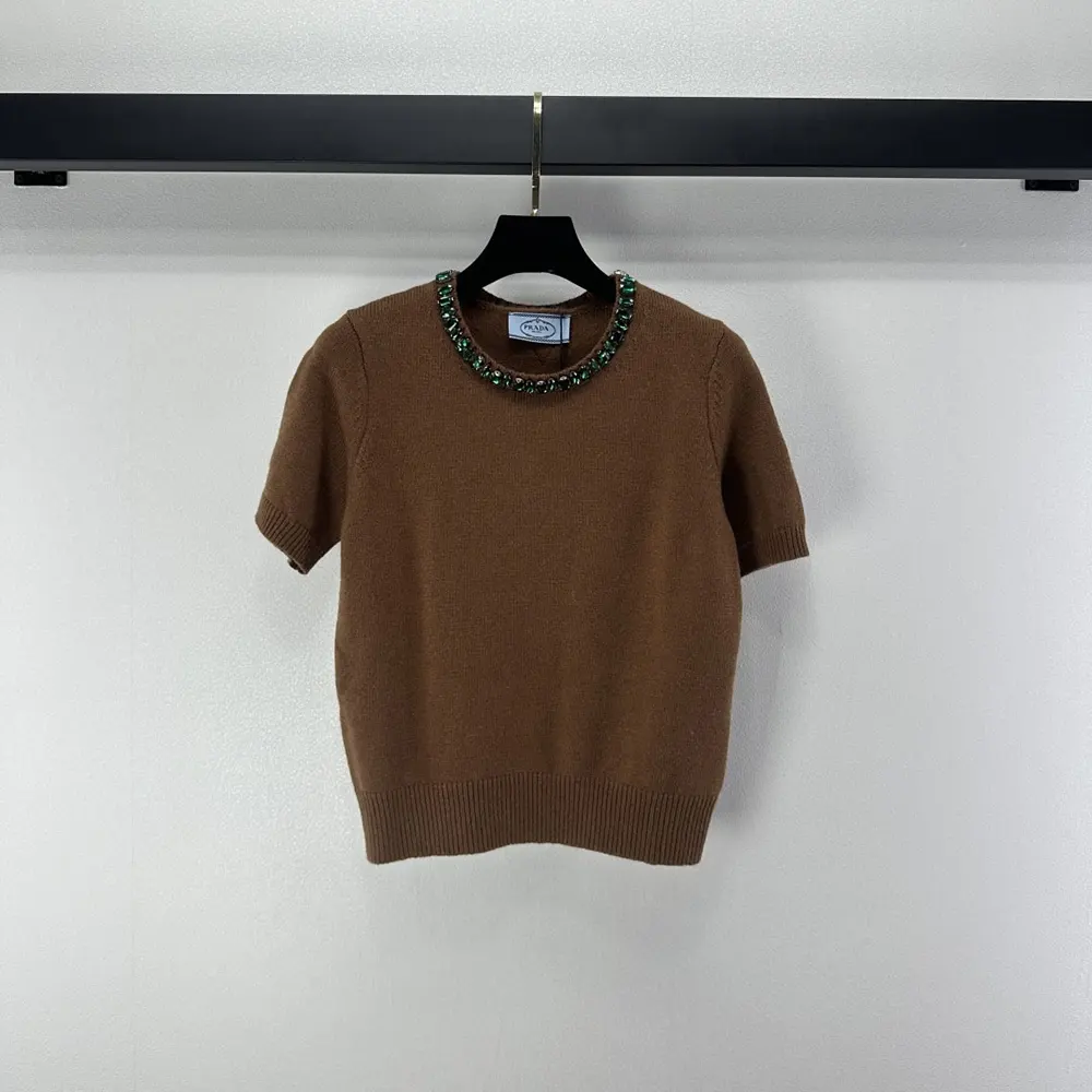 Close-up of crew-neck and fabric texture on Prada Women Wool And Cashmere Sweater