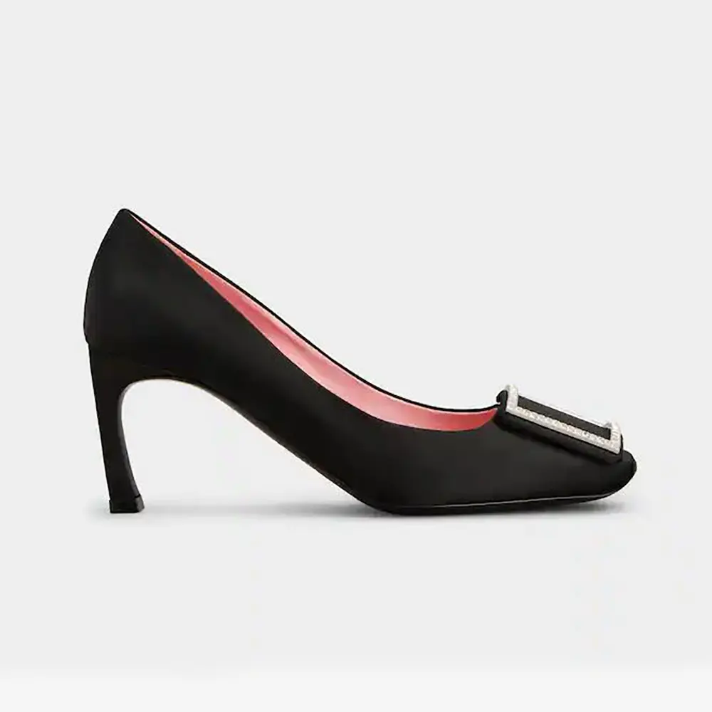 Side profile of Roger Vivier Women Trompette Pumps in Satin-Black