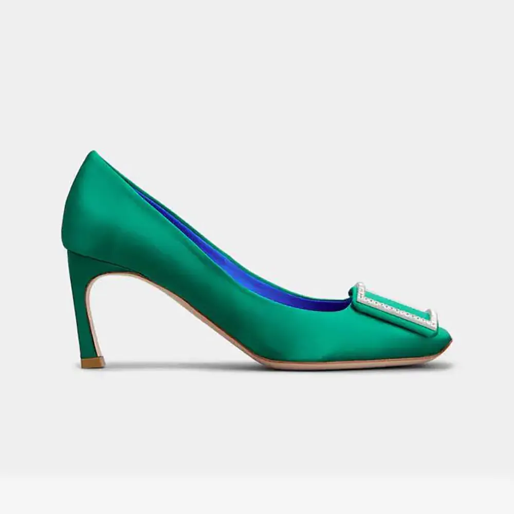 Side view of Roger Vivier Women Trompette Pumps in Satin-Green