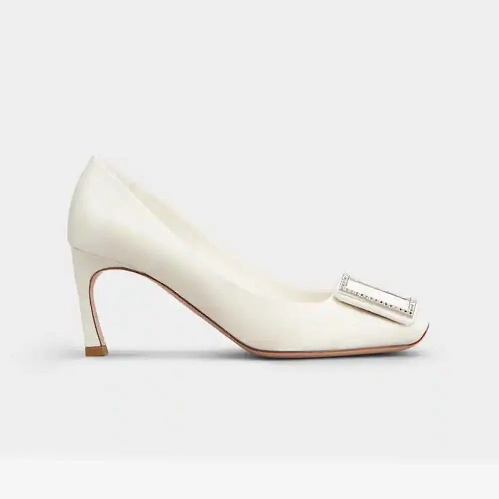 Side view of Roger Vivier Women Trompette Pumps in Satin-White