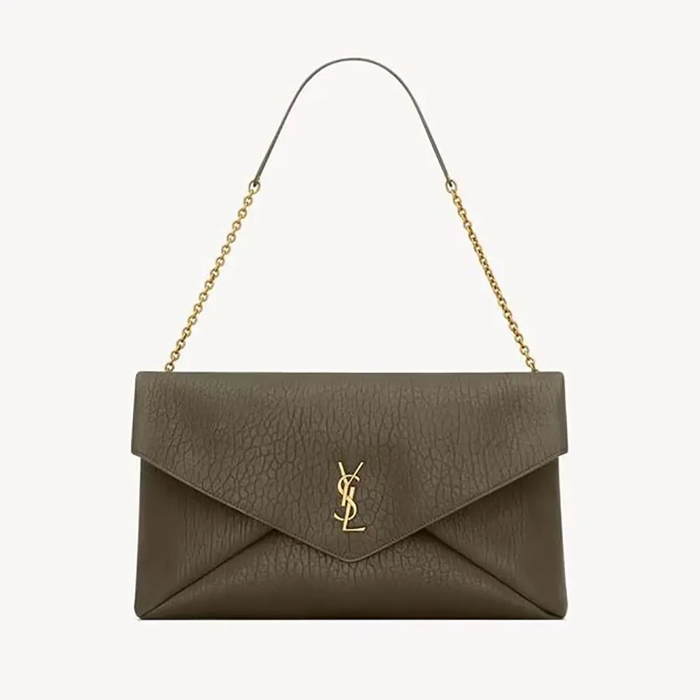 Front view of Saint Laurent YSL Cassandre XXL Envelope Pouch Dark Green