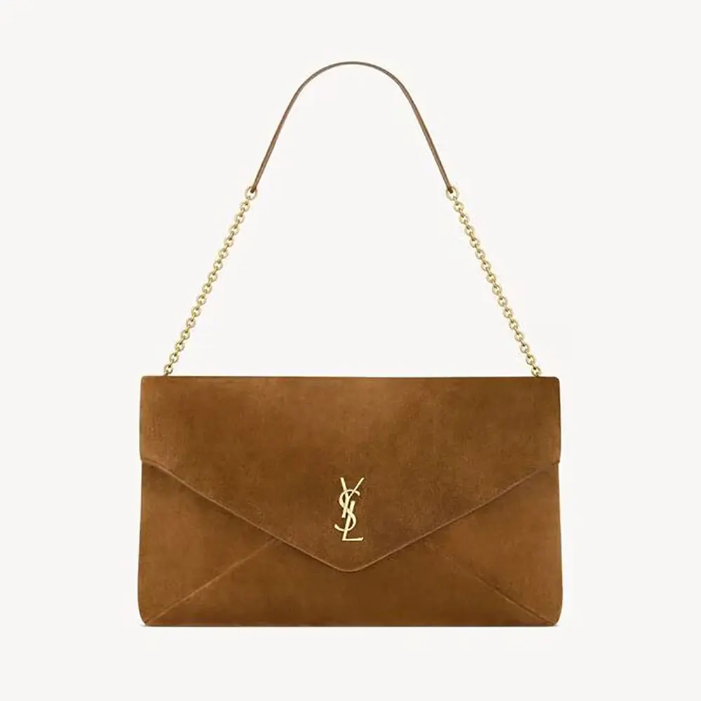 Front view of Saint Laurent YSL Women Cassandre Xxl Pouch On Chain In Suede-Brown