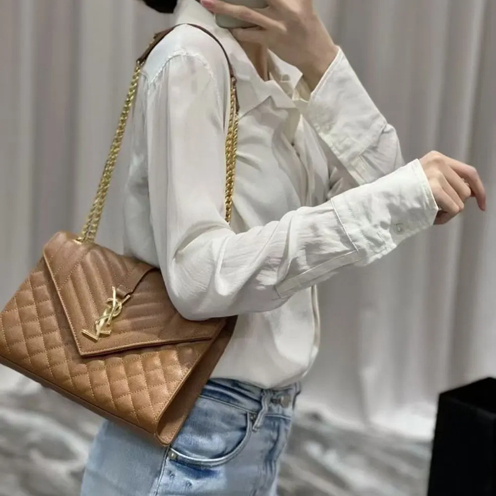 Saint Laurent YSL Women Envelope Medium in Matelasse Lambskin-Brown - image 8