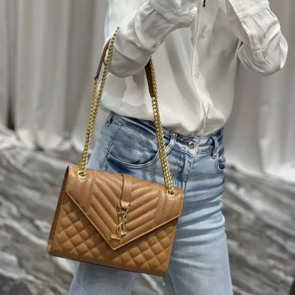 Saint Laurent YSL Women Envelope Medium in Matelasse Lambskin-Brown - image 6