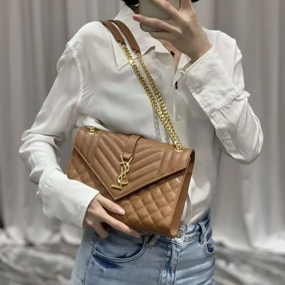 Saint Laurent YSL Women Envelope Medium in Matelasse Lambskin-Brown - image 4