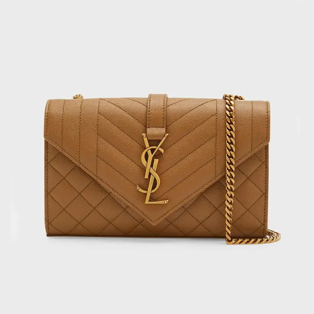 Front view of Saint Laurent YSL Women Envelope Small in Matelasse Lambskin-Brown