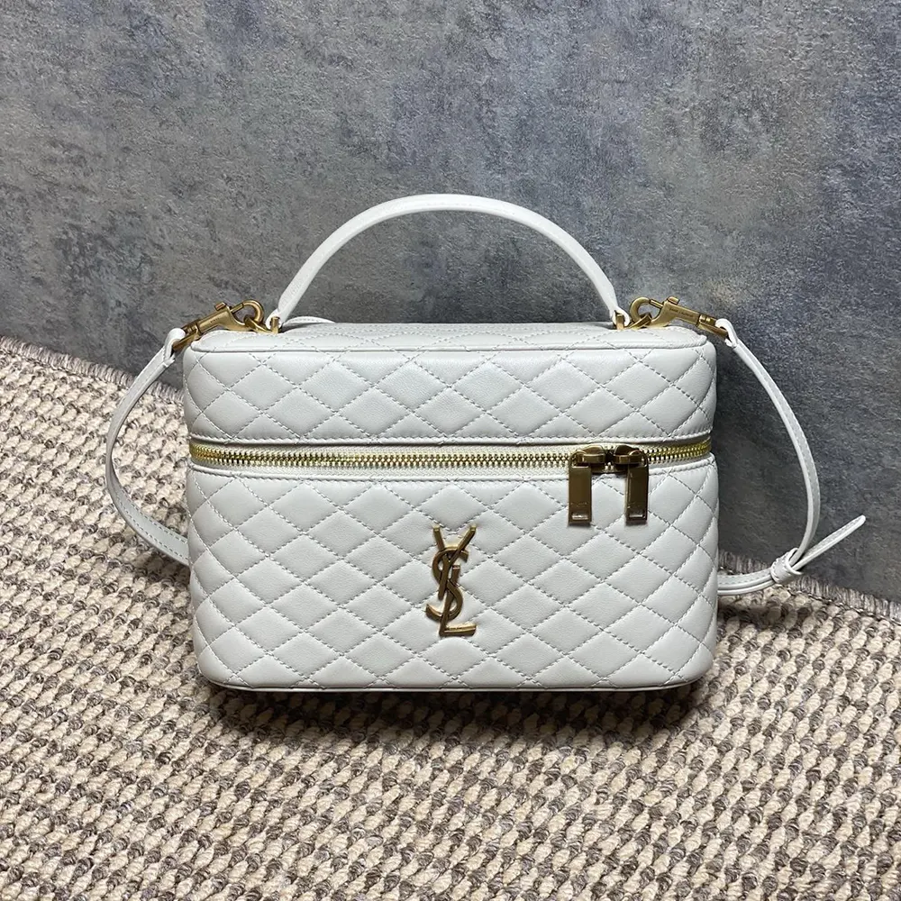Close-up on gold YSL hardware of Saint Laurent YSL Women Gaby Large Vanity Bag