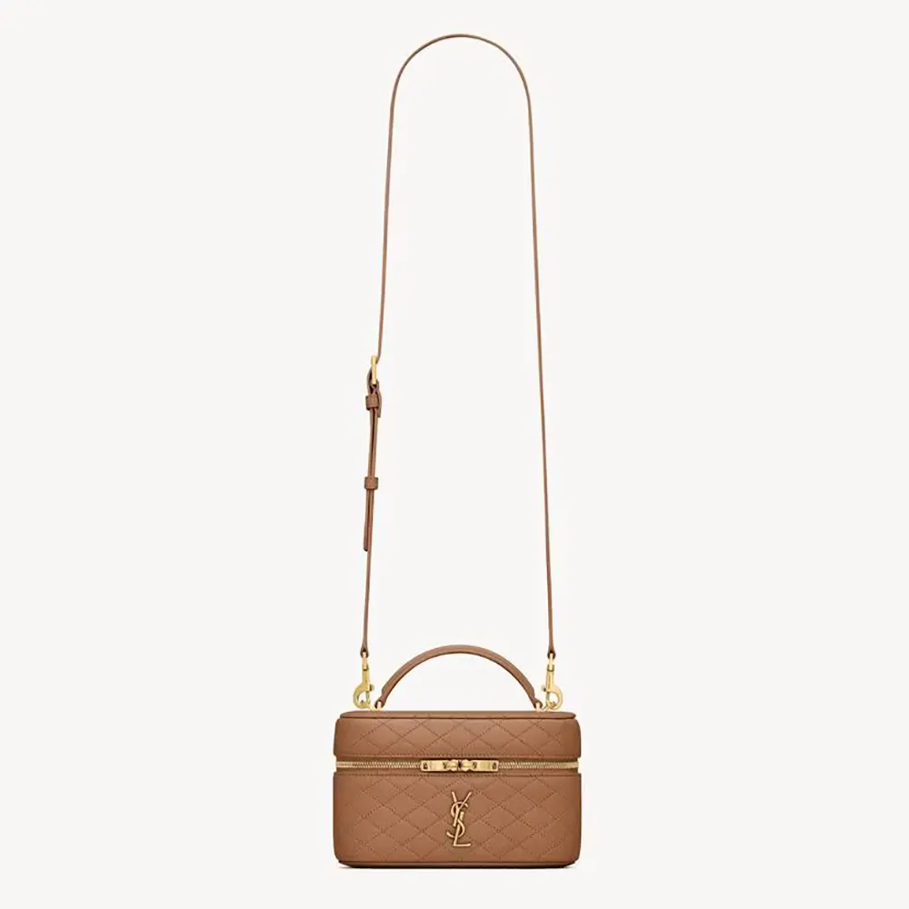 Front angled view of Saint Laurent YSL Women Gaby Vanity Bag In Lambskin-Brown