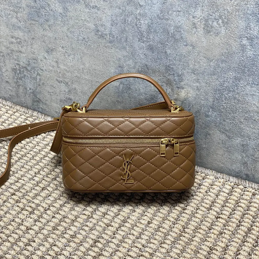 Close-up of gold YSL logo and closure on Gaby Vanity Bag brown leather