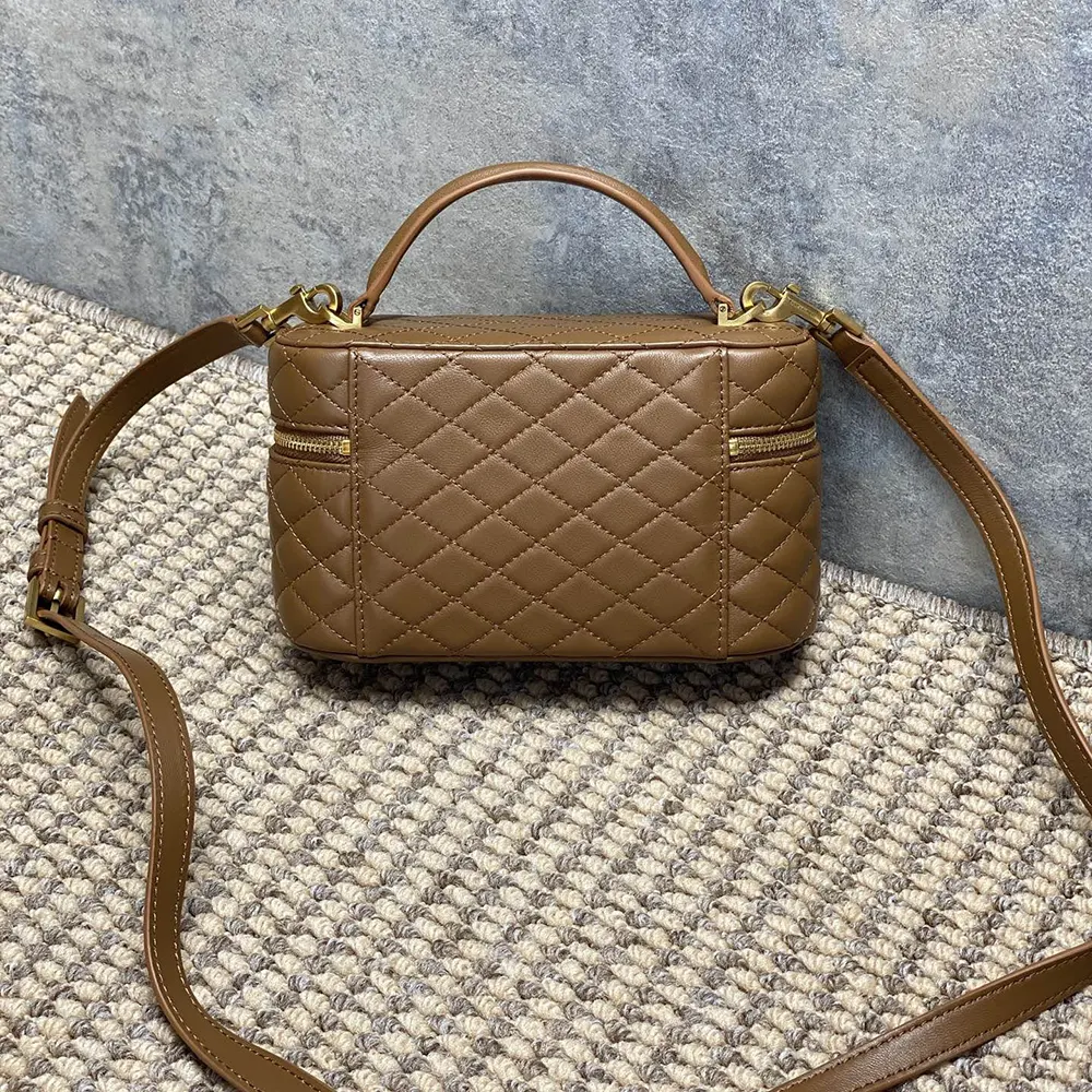 Side profile showing structured silhouette of Saint Laurent YSL Gaby Vanity Bag
