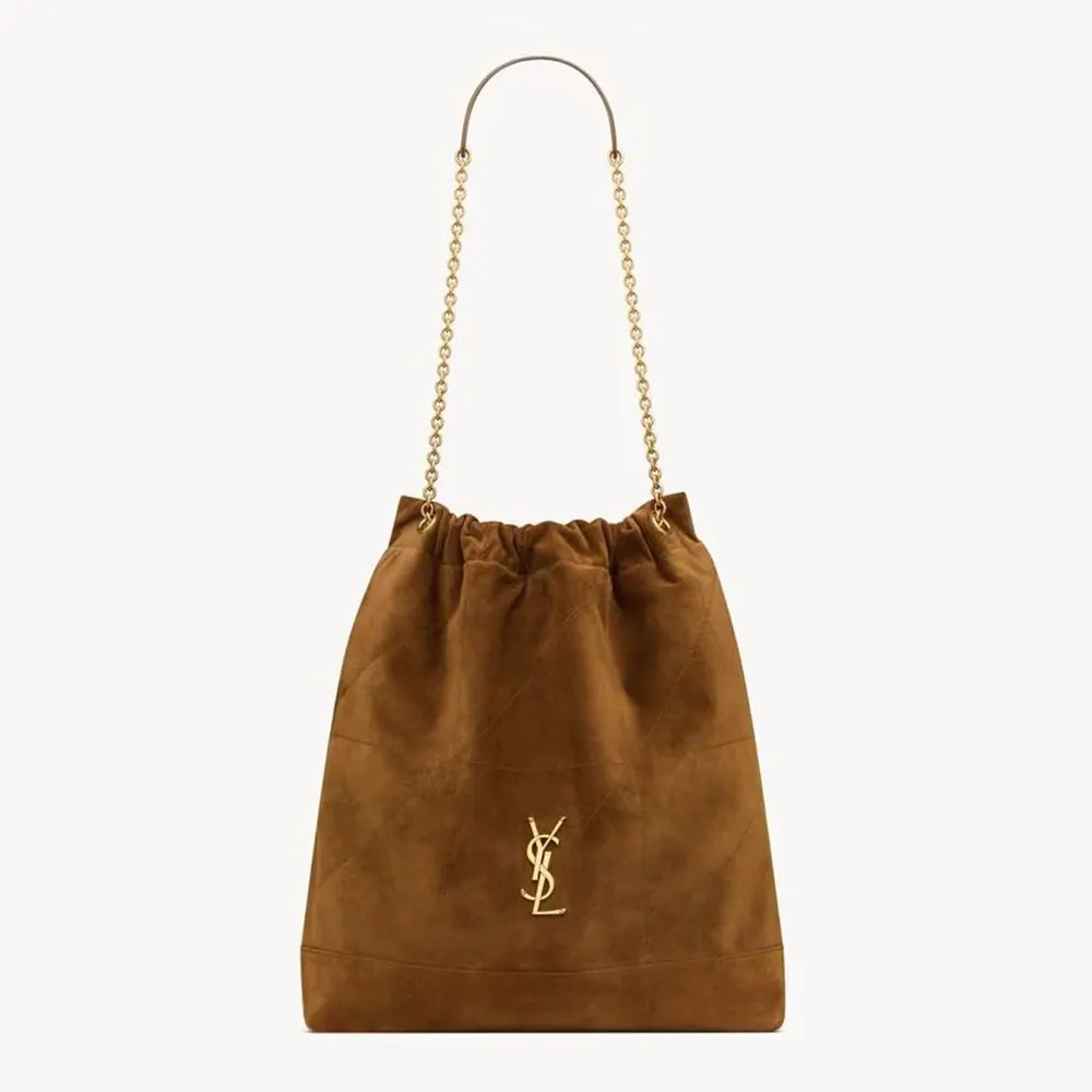 Front view of Saint Laurent YSL Women Jamie Large Pochon In Suede-Brown