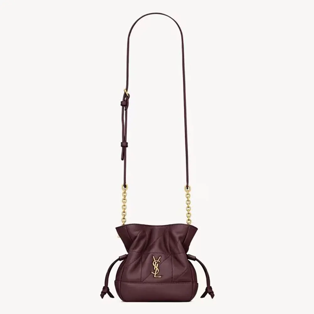Front view of Saint Laurent YSL Women Jamie Mini Shoulder Pouch In Lambskin-Maroon