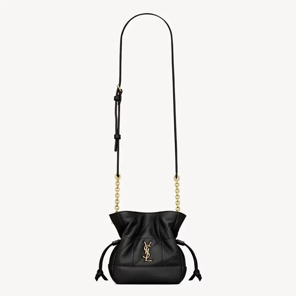Front view of Saint Laurent YSL Women Jamie Mini Shoulder Pouch in Lambskin-Black