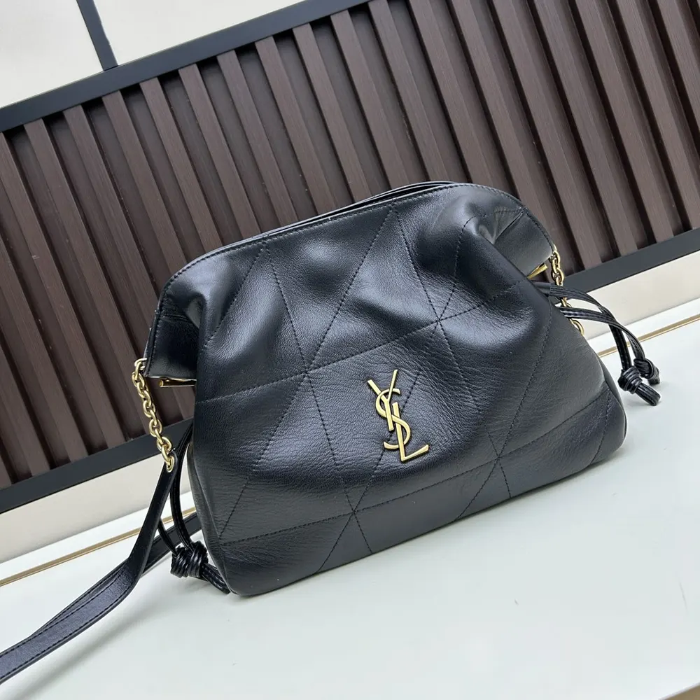 Side angle showing compact silhouette of Saint Laurent YSL Jamie Shoulder Pouch