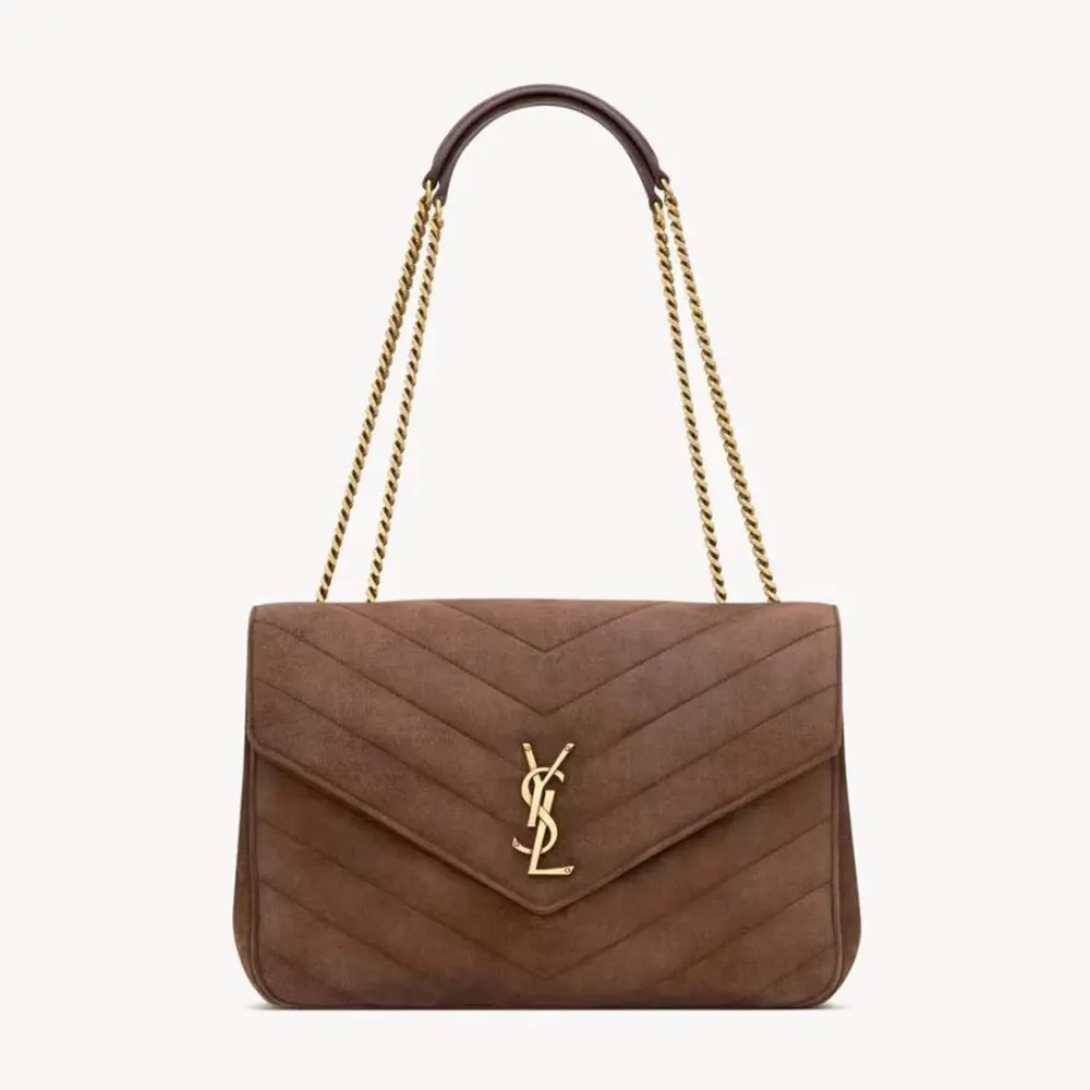Front view of Saint Laurent YSL Women Loulou Large In Matelassé Suede-Brown