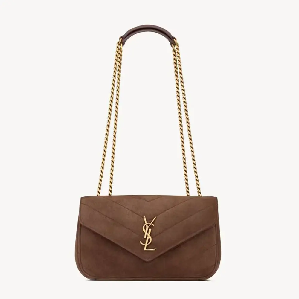 Front view of Saint Laurent YSL Women Loulou Small In Matelassé Suede-Brown bag