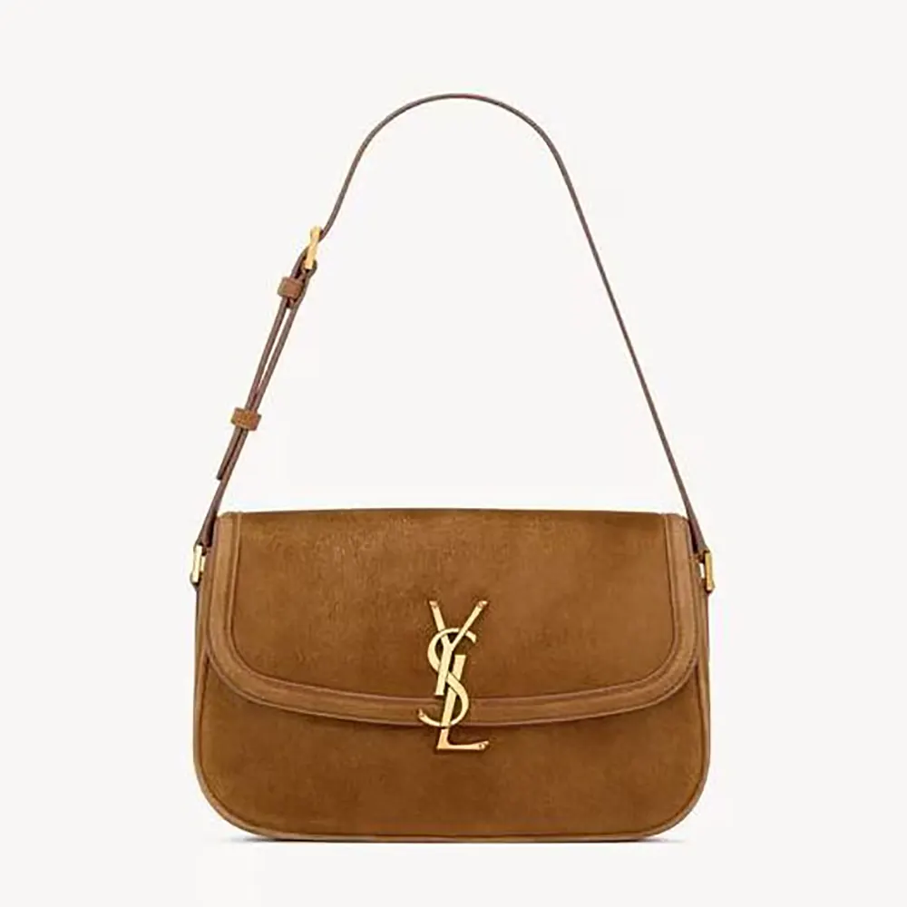Front view of Saint Laurent YSL Women Solferino Small In Suede-Brown
