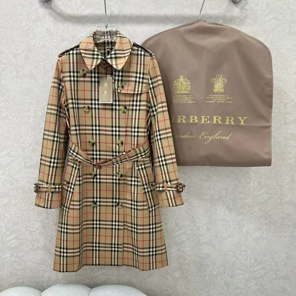 Front view of Burberry Women Check Trench Coat-Sandy showing button closure