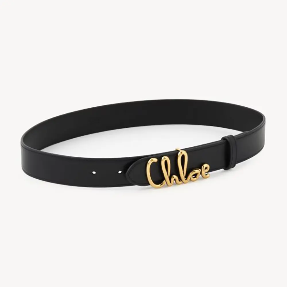 Front view of Chloe Women The Iconic Belt in Calfskin-Black with gold buckle